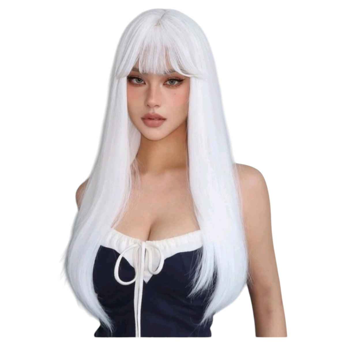 Peluca Blanca Lisa Larga con Fleco Fibra Mate