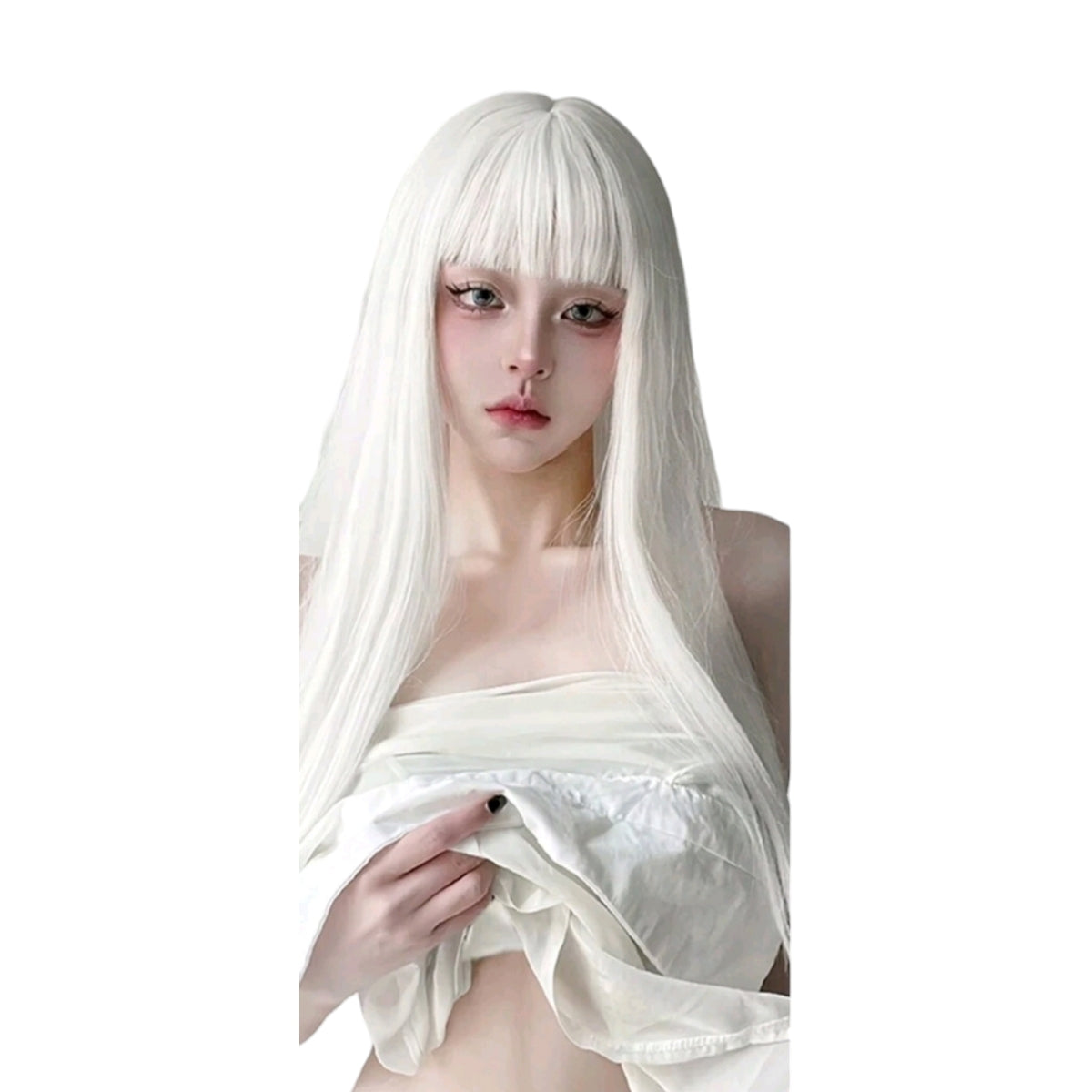 Peluca Blanca Lisa Larga con Fleco Fibra Mate