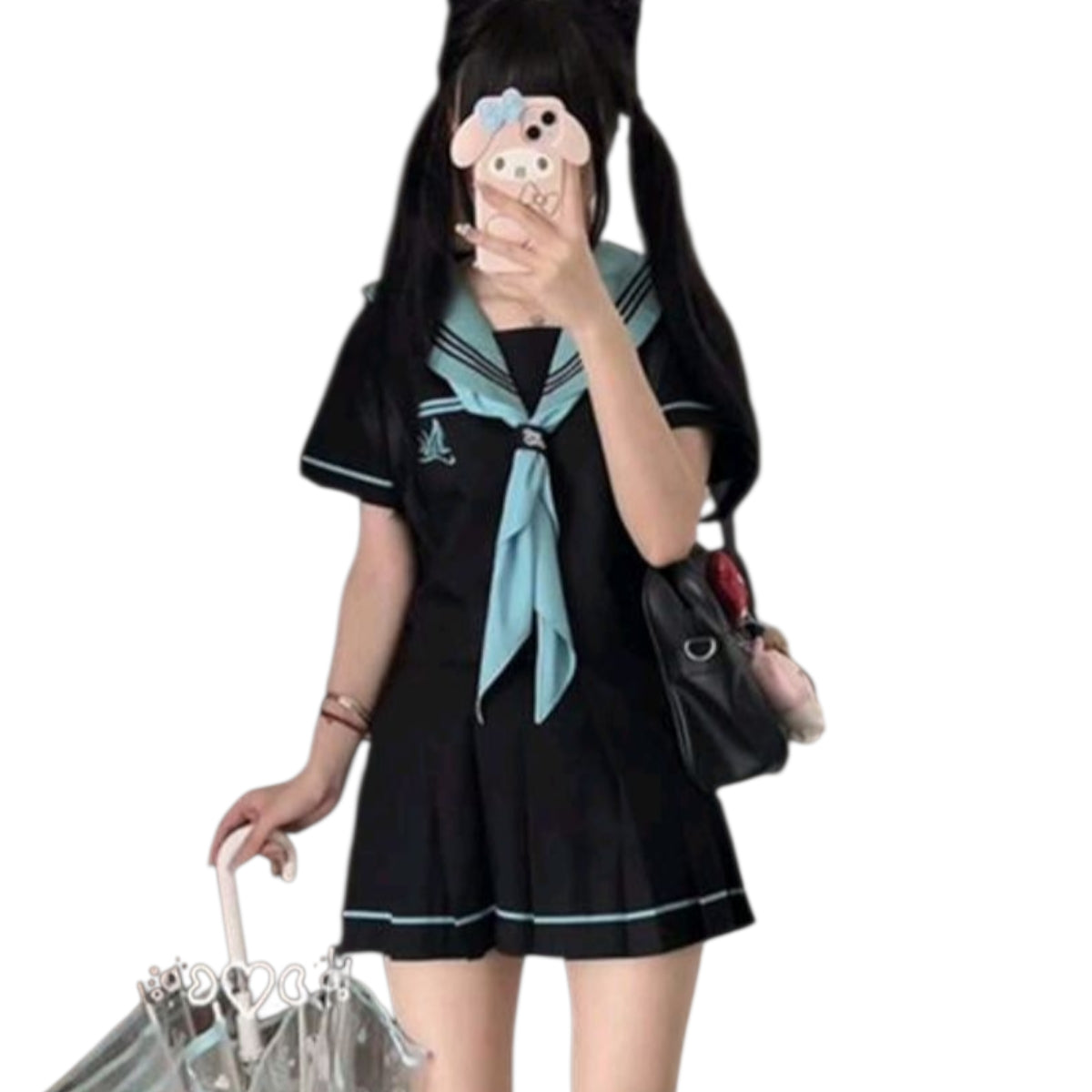 Uniforme Moda Japonesa Negro y Azul Turquesa