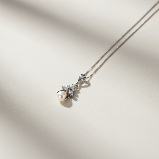 Collar Plata 925 Elegante Dije con Perla y Cristales