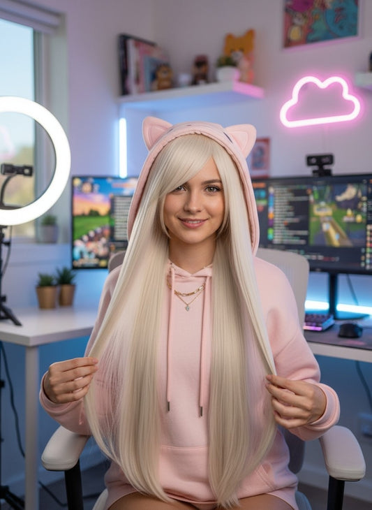 Peluca Rubio Cenizo Larga Sintética con Fleco Estilizable L.29