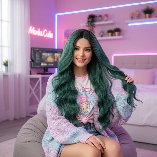 Peluca Verde Oscuro con Raiz Negra Degradado y Lace Ondulada