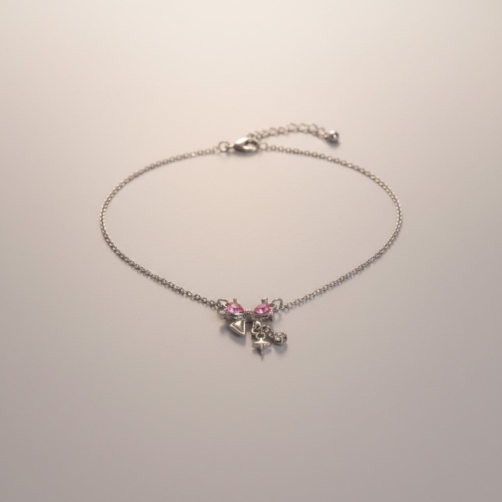 Collar Plateado - Liston Moño con Piedra Rosa