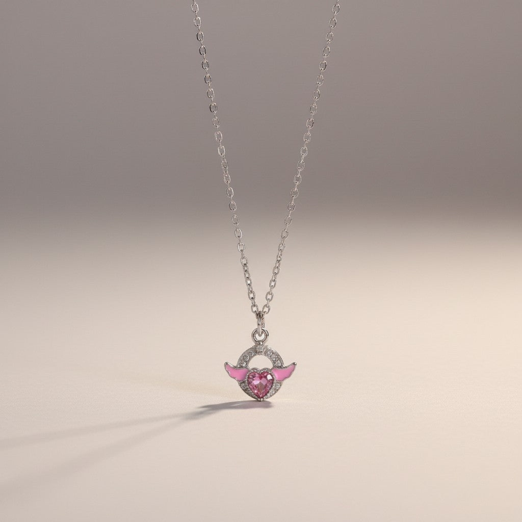 Collar Plateado - Corazón con Piedra Rosa 03