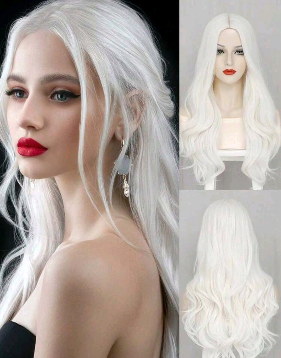 Peluca Blanca Ondulada Larga Sin Fleco Disfraz Cosplay