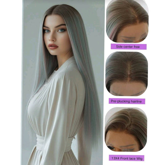 Peluca Multicolor Azul Plata y Rosa Lisa Lace Front