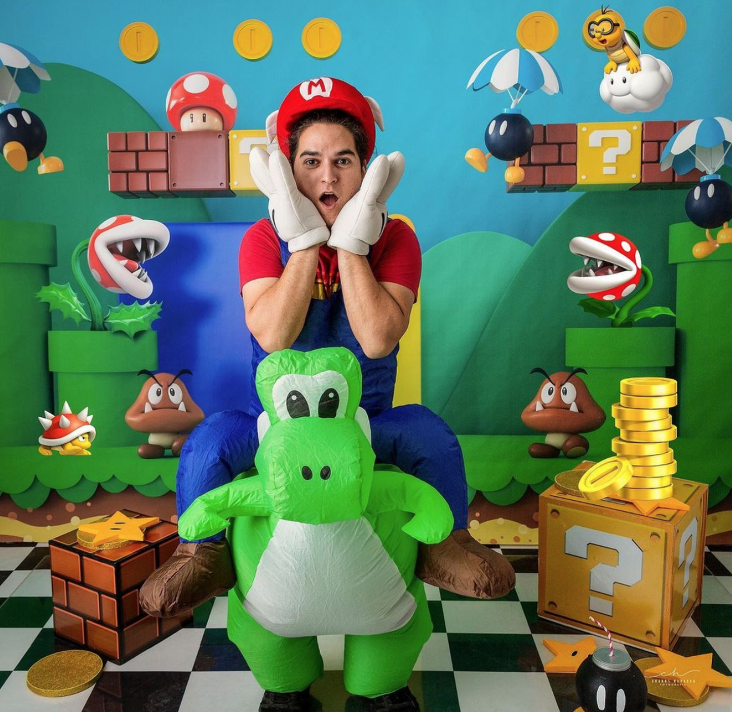 Botarga Inflable de Mario y Yoshi Disfraz Para Adulto