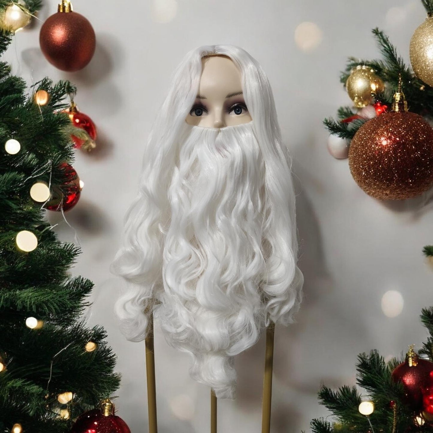 Peluca Santa Claus Blanca Rizada Con Barba Navideña 2 Piezas