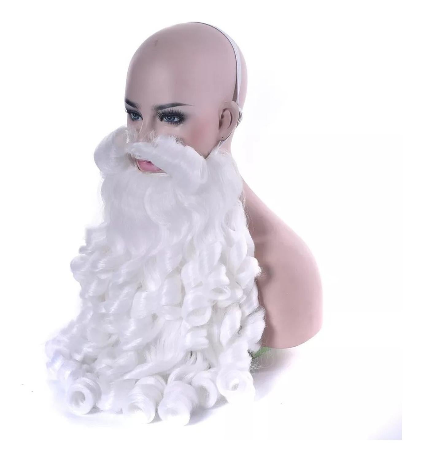 Peluca Santa Claus Blanca Rizada Con Barba Navideña 2 Piezas