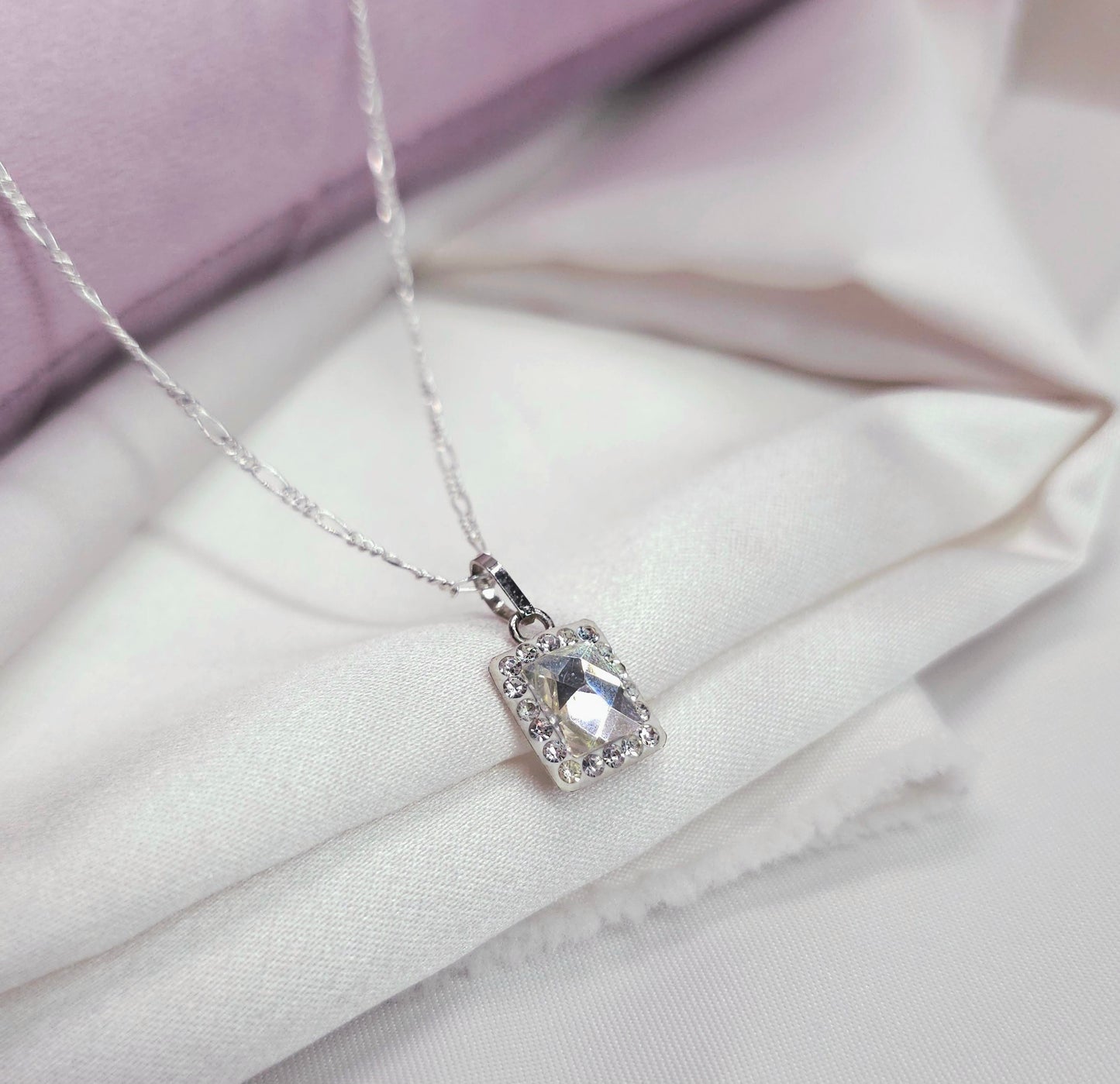 Collar Plata 925 Elegante Dije Cuadro con Cristales