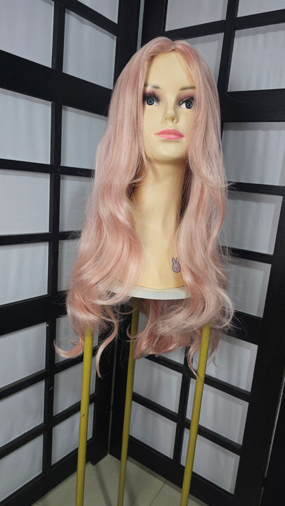 Peluca Rosa Pastel Claro Ondulada Larga Sin Fleco Cosplay
