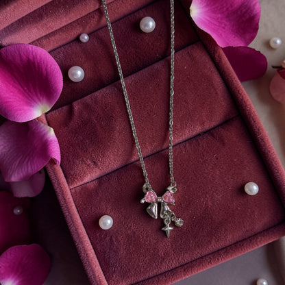 Collar Plateado - Liston Moño con Piedra Rosa