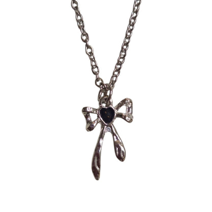 Collar Plateado - Liston Moño con Piedra Negra