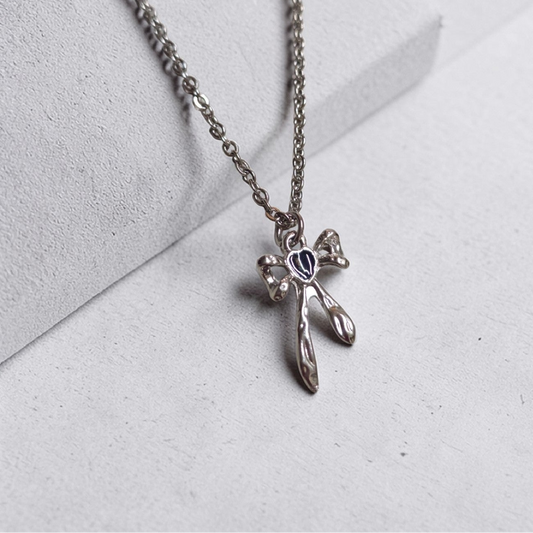 Collar Plateado - Liston Moño con Piedra Negra