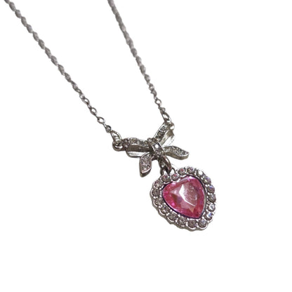 Collar Plateado - Corazón con Piedra Rosa 04
