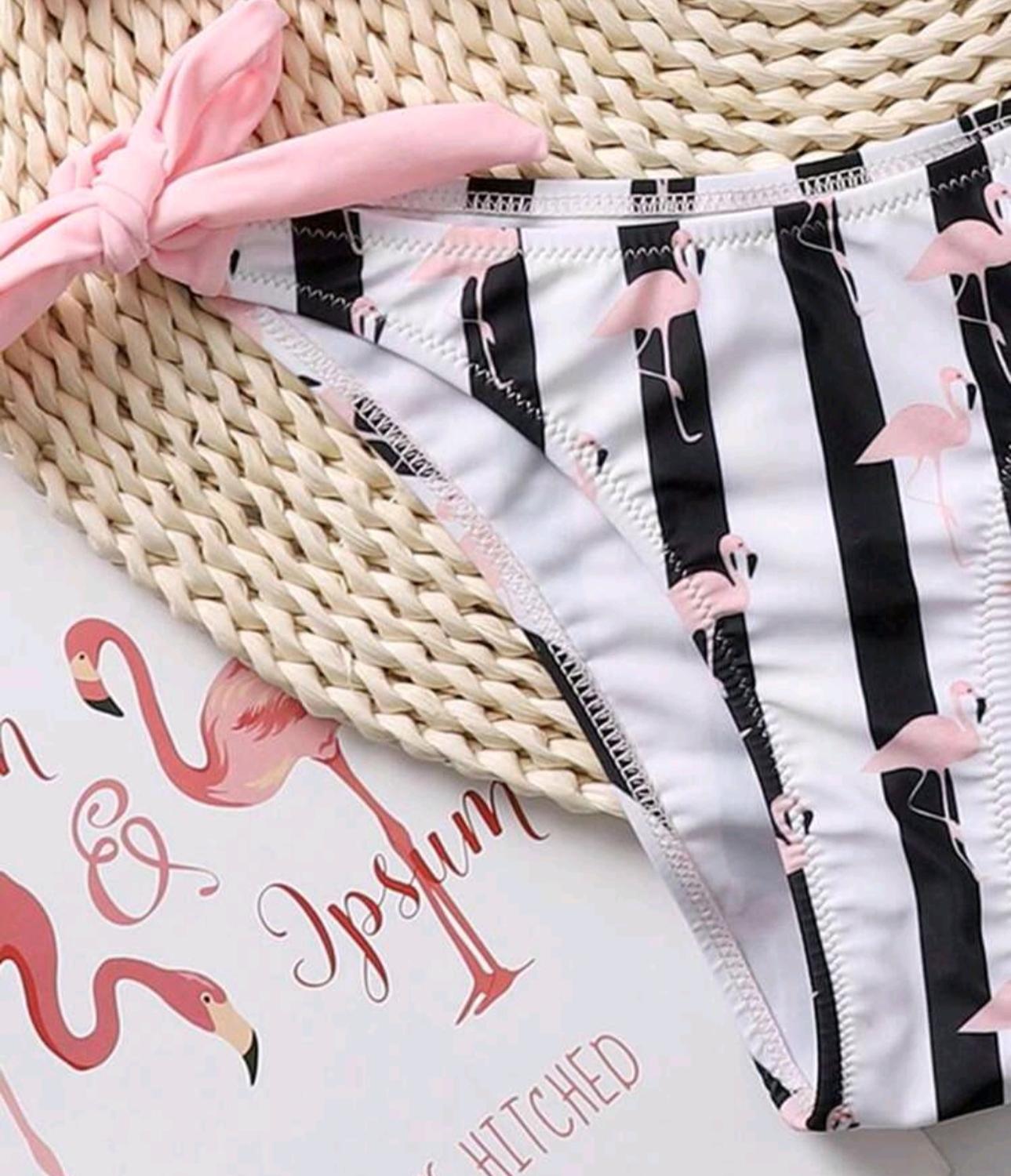 Bikini Rosa Blanco y Negro con Flamingos Bañador Ajustable