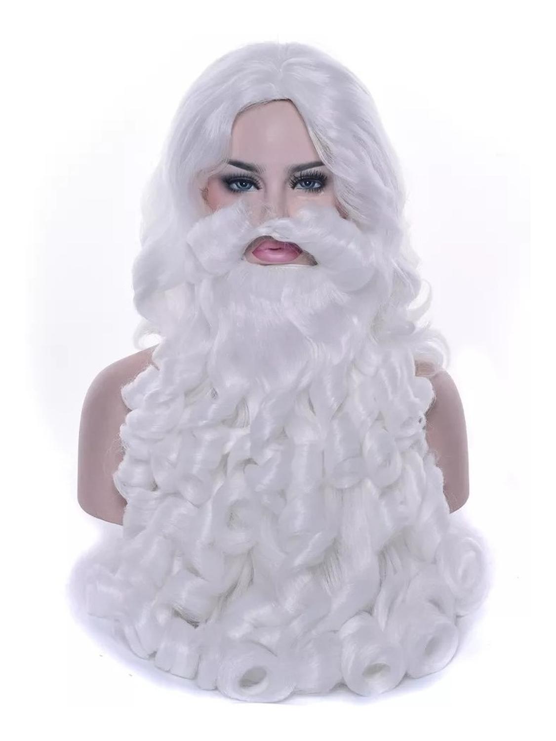 Peluca Santa Claus Blanca Rizada Con Barba Navideña 2 Piezas