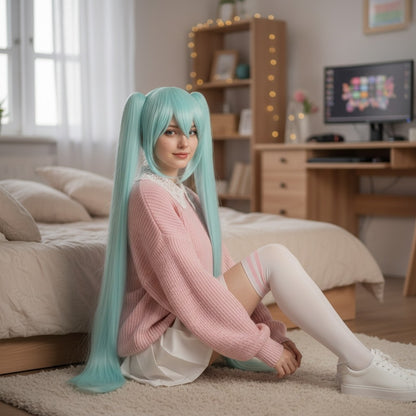 Peluca COLETAS Verde Menta De Clip Kanekalon Cosplay