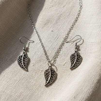 Juego Plateado - Joyeria Hojas Vintage Naturaleza Collar y Aretes