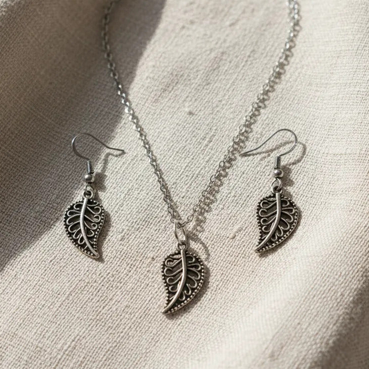Juego Plateado - Joyeria Hojas Vintage Naturaleza Collar y Aretes