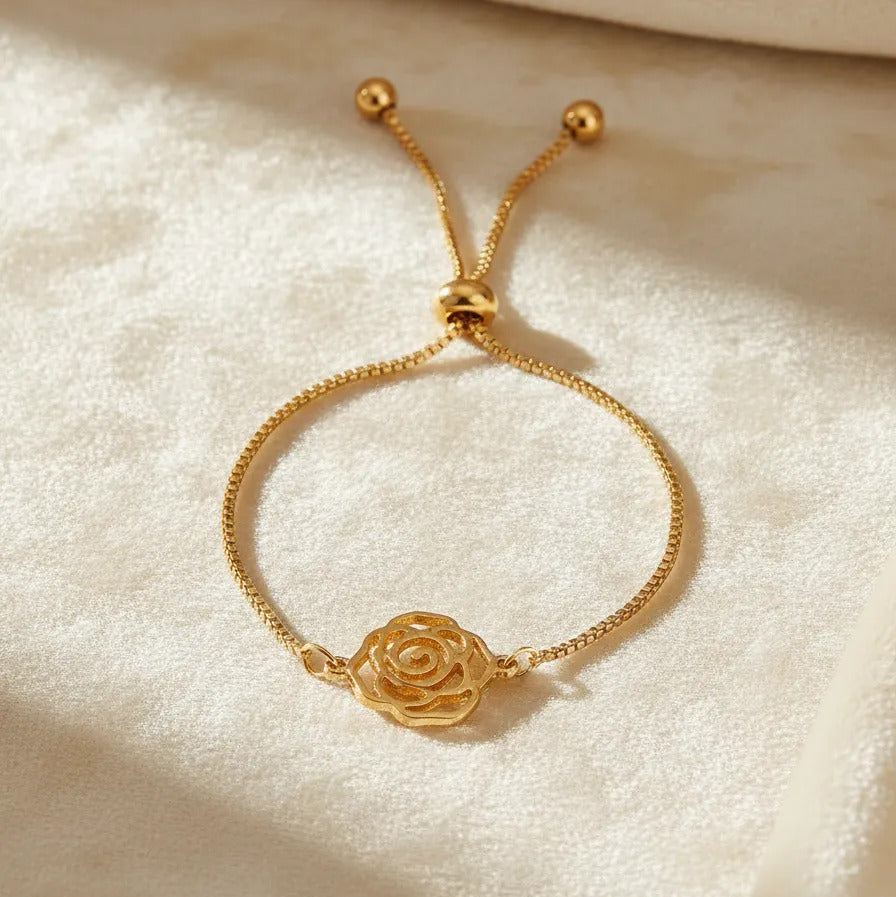 Pulsera Ajustable Chapa de Oro Laminado Flor