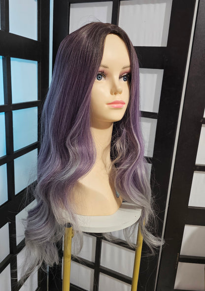 Peluca FEELSI Morado Balayage Gris Negro Degradado Simulación Raiz
