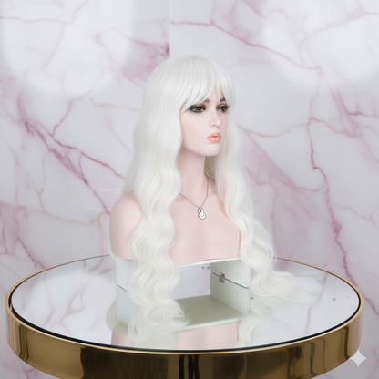 Peluca Blanca Ondulada Larga con Fleco Fibra Mate