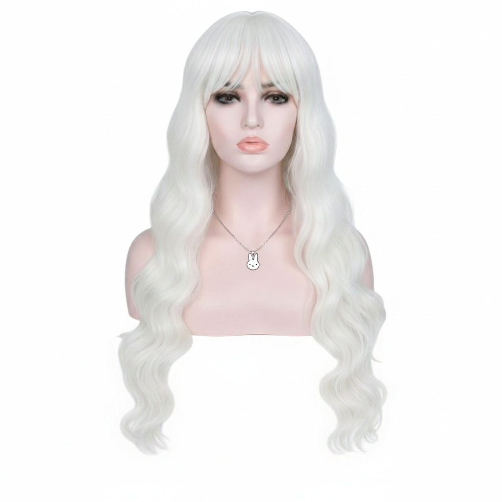 Peluca Blanca Ondulada Larga con Fleco Fibra Mate