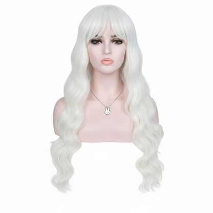 Peluca Blanca Ondulada Larga con Fleco Fibra Mate