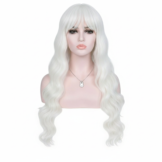 Peluca Blanca Ondulada Larga con Fleco Fibra Mate