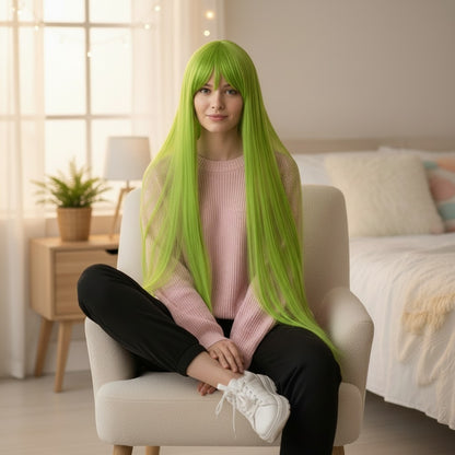 Peluca JOY Verde Limon Larga Lisa con Fleco L.1