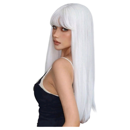 Peluca Blanca Lisa Larga con Fleco Fibra Mate