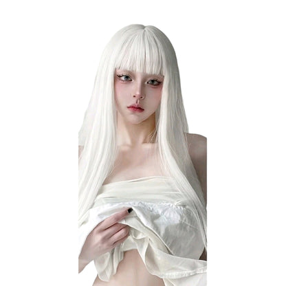 Peluca Blanca Lisa Larga con Fleco Fibra Mate