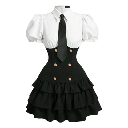 Vestido Negro con Blanco Casual Elegante Moda Asiatica
