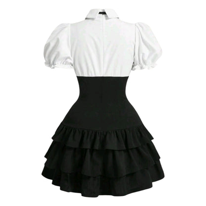 Vestido Negro con Blanco Casual Elegante Moda Asiatica