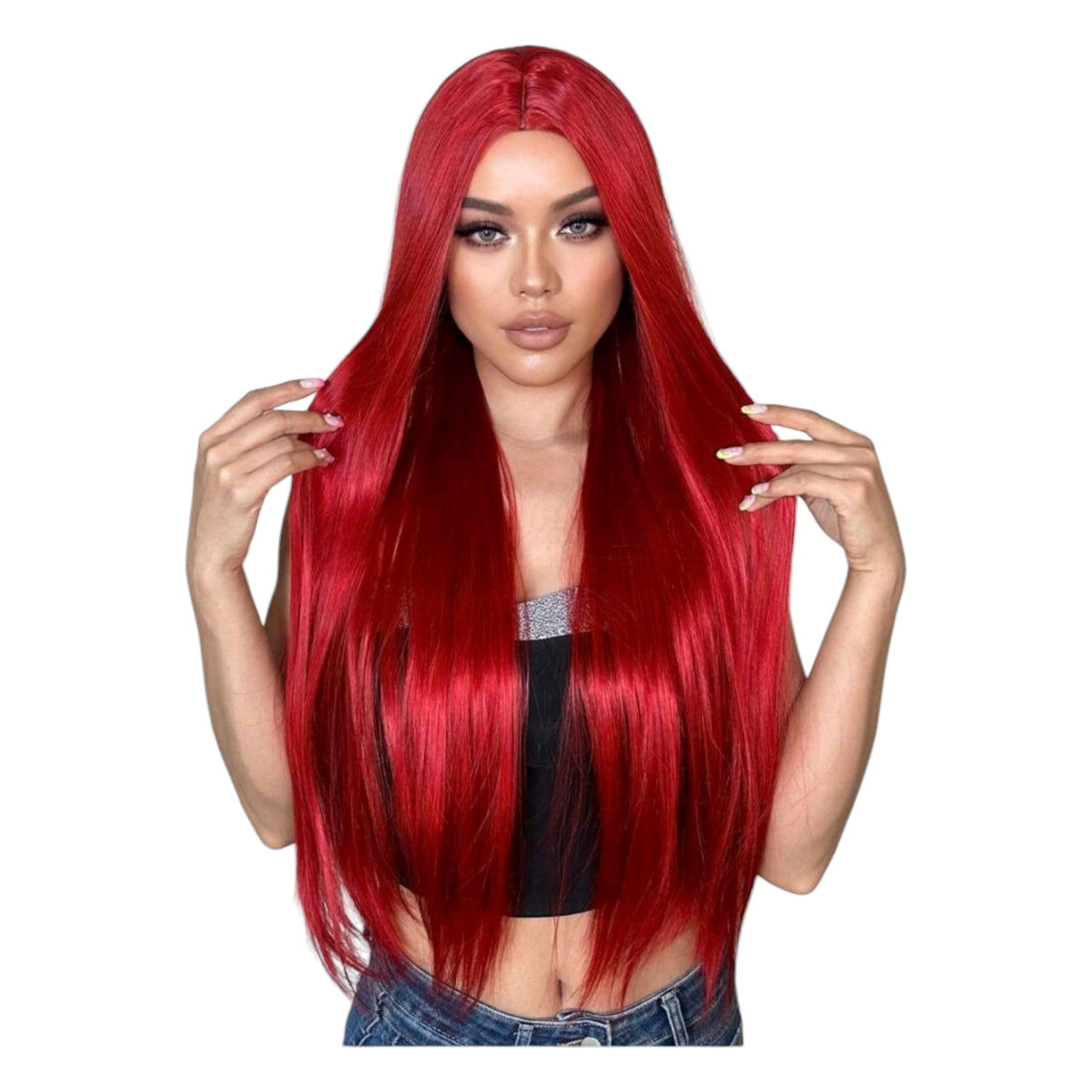 Peluca Rojo Intenso Lisa Sin Fleco Cabello Largo Disfraz