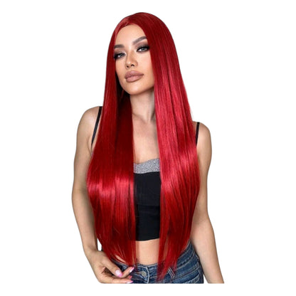 Peluca Rojo Intenso Lisa Sin Fleco Cabello Largo Disfraz