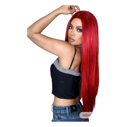 Peluca Rojo Intenso Lisa Sin Fleco Cabello Largo Disfraz