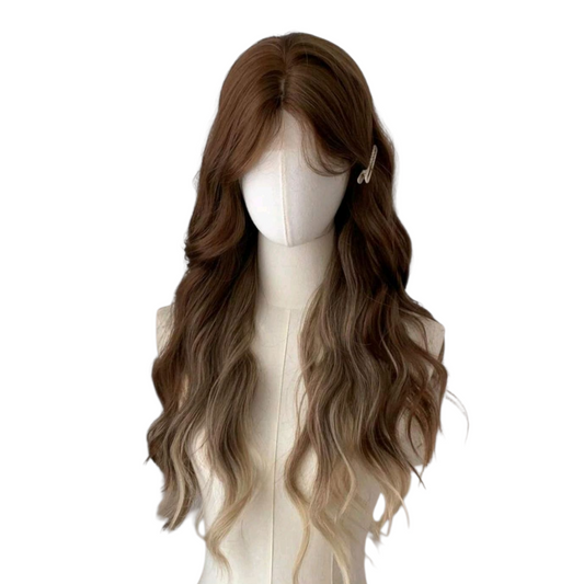 Peluca Cafe Claro con Degradado y Lacefront Ondulada