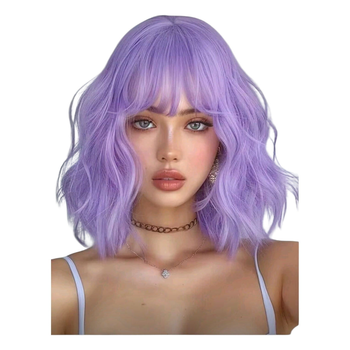 Peluca Morado Lila Ondulada Corta con Fleco y Simulacion Raiz (SHWC)