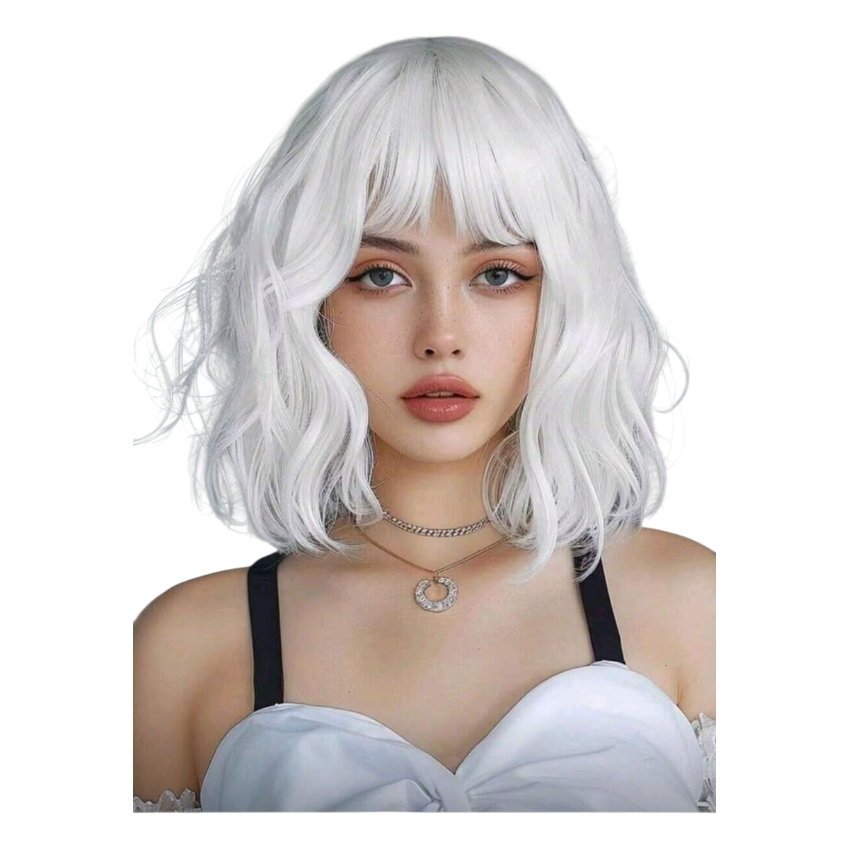 Peluca Blanco Corta Ondulada con Fleco (SHWC)