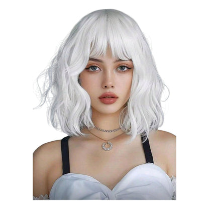 Peluca Blanco Corta Ondulada con Fleco (SHWC)