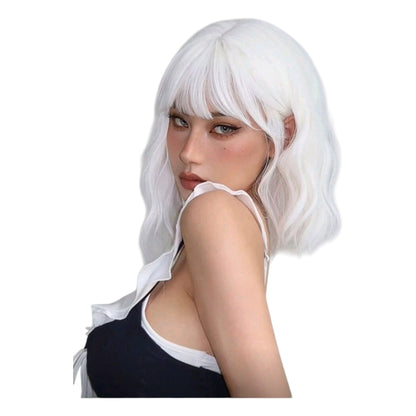 Peluca Blanco Corta Ondulada con Fleco (SHWC)