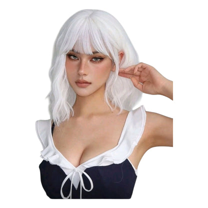 Peluca Blanco Corta Ondulada con Fleco (SHWC)