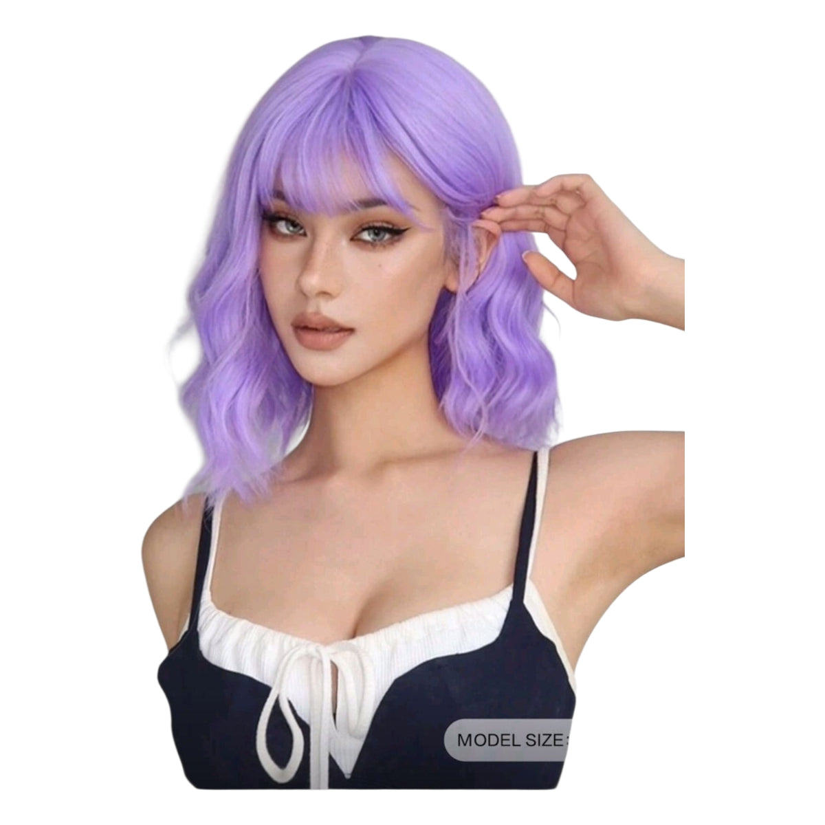 Peluca Morado Lila Ondulada Corta con Fleco y Simulacion Raiz (SHWC)