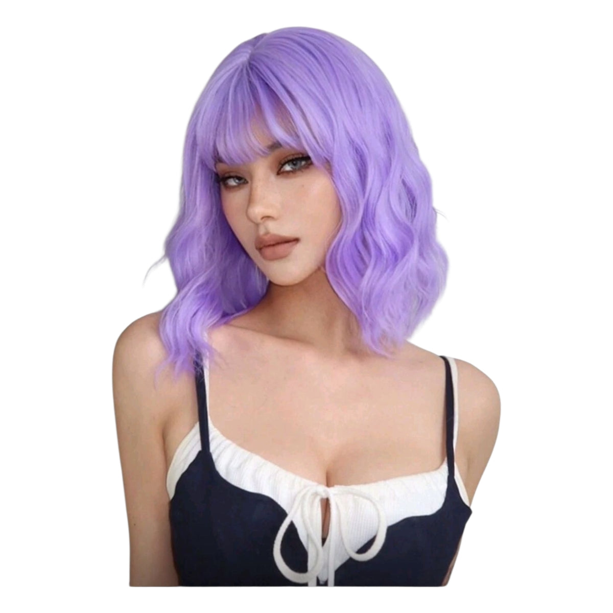 Peluca Morado Lila Ondulada Corta con Fleco y Simulacion Raiz (SHWC)
