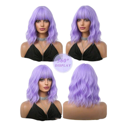 Peluca Morado Lila Ondulada Corta con Fleco y Simulacion Raiz (SHWC)