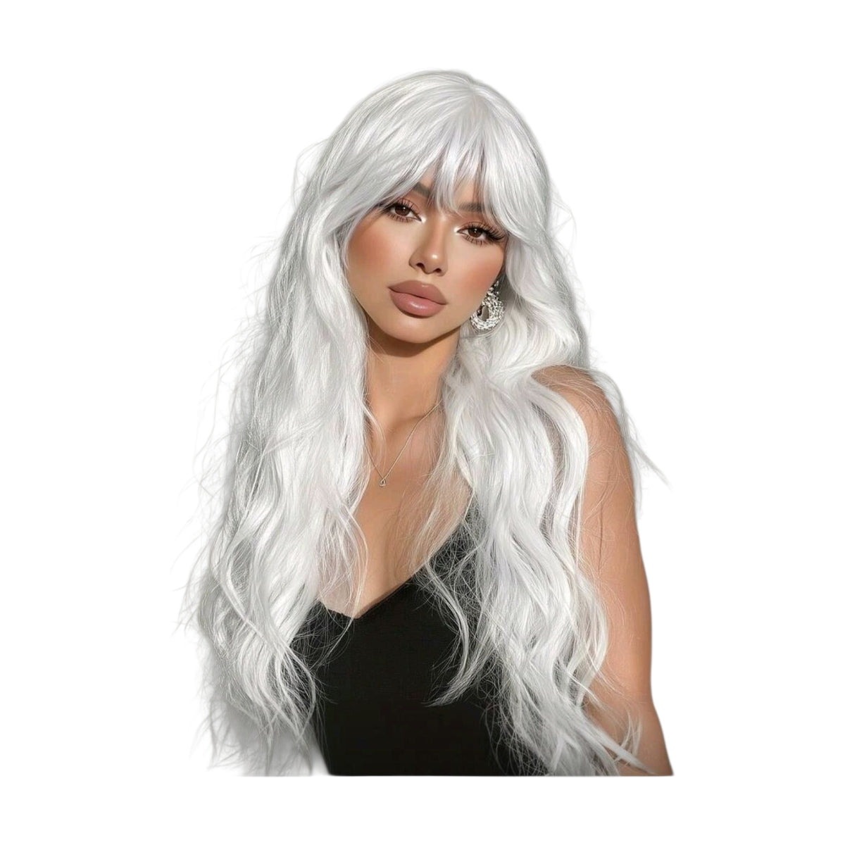 Peluca Blanca Ondulada Larga con Fleco Fibra Mate