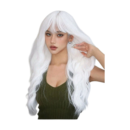 Peluca Blanca Ondulada Larga con Fleco Fibra Mate