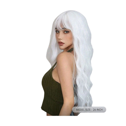 Peluca Blanca Ondulada Larga con Fleco Fibra Mate